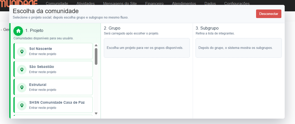 Tela de login do sistema COMUNIDADE 2.0