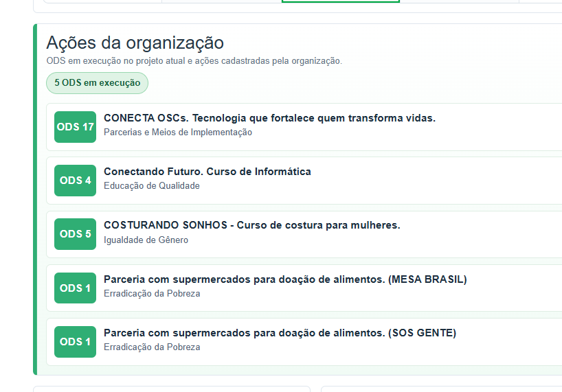 Tela de ODS e aÃ§Ãµes da organizaÃ§Ã£o no COMUNIDADE 2.0